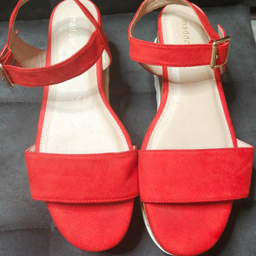 Red Suede Platform Sandals | Cork Wedge | Adjustable Strap | Size 7